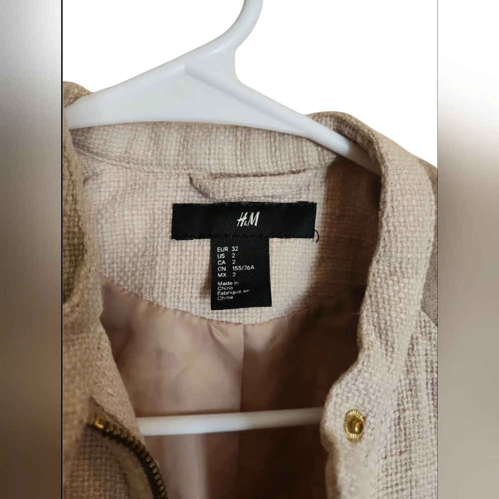 H&M Oatmeal Blazer Biker Jacket Zip-up Womans Sz 2 - Picture 5 of 7